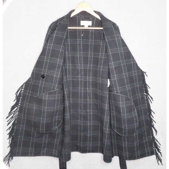 Michael Kors Fringe Belted Wrap Coat Medium Black Light Gray Plaid Wool Blend - Picture 6 of 14